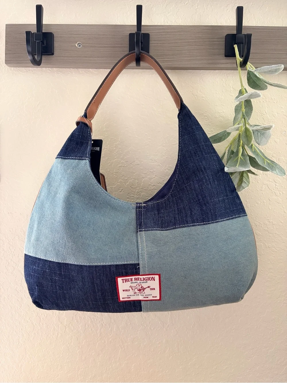 True Religion Denim Patchwork Hobo Shoulder Bag Horseshoe Charm